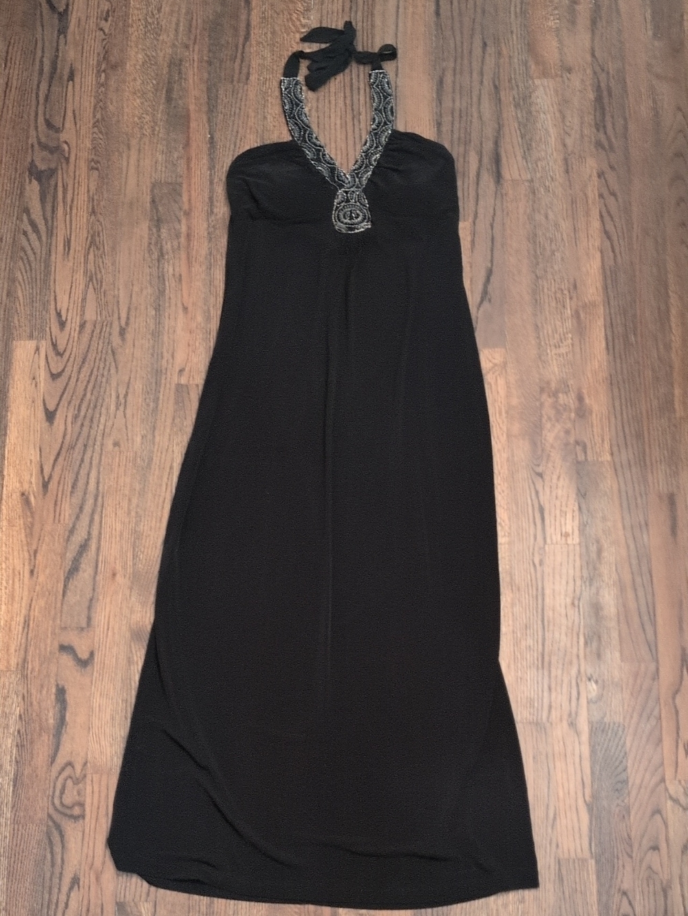 White House Black Market Black Halter Maxi with Beaded Neckline